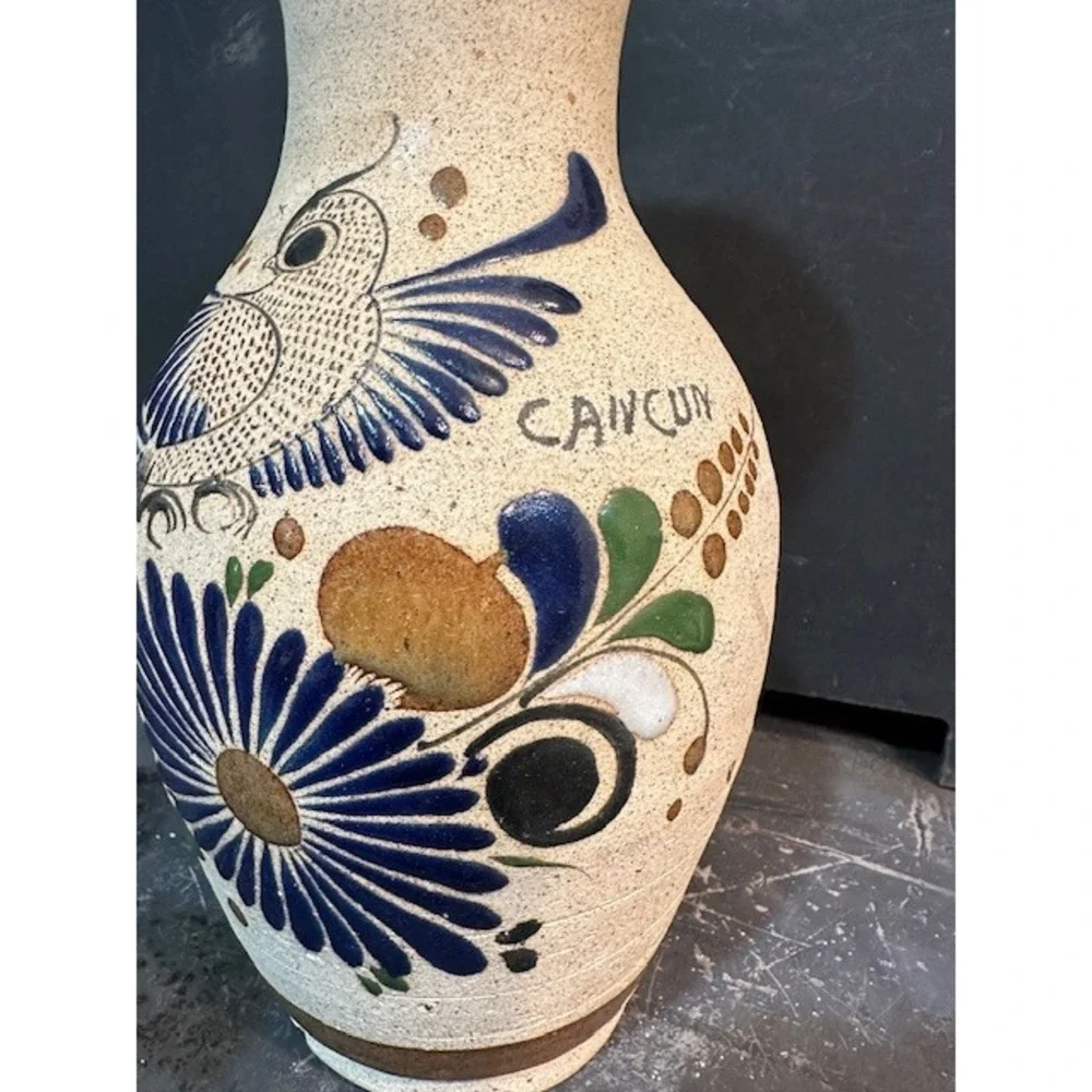 Vintage Mexican Folk Art Pottery Vase Bird Floral‎ Cancun Signed Stoneware 10.5